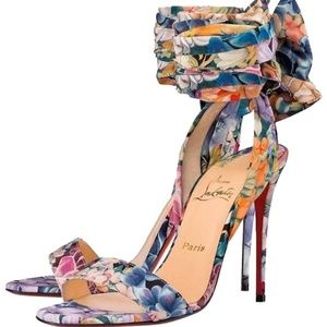 Christian Louboutin Blue Women's Sandale Du Desert 100 Floral Satin Bow Sandals